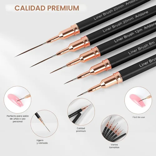 Miniatura 3 de Artdone Bolígrafos metálicos para arte de uñas, juego de 5 brochas de color negro para líneas largas, detalles finos, dibujo fino, pincel