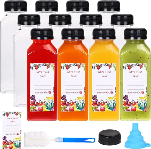SUPERLELE 12 botellas de plástico para jugo de 12 onzas con tapas, recipientes transparentes reutilizables para jugos, licuados, beber y otras