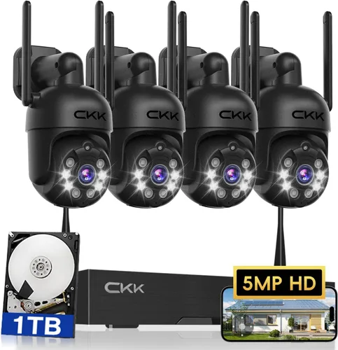 [3K, vista de 360°] Sistema de cámara de seguridad inalámbrica de 5MP, 4 cámaras PTZ 3K para exteriores interiores, sistema de vigilancia WiFi dual