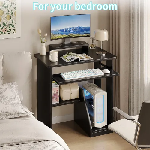 Miniatura 8 de ALISENED Escritorio pequeño de 76 cm para computadora con bandeja para teclado y soporte para monitor, escritorio de estudio y escritura