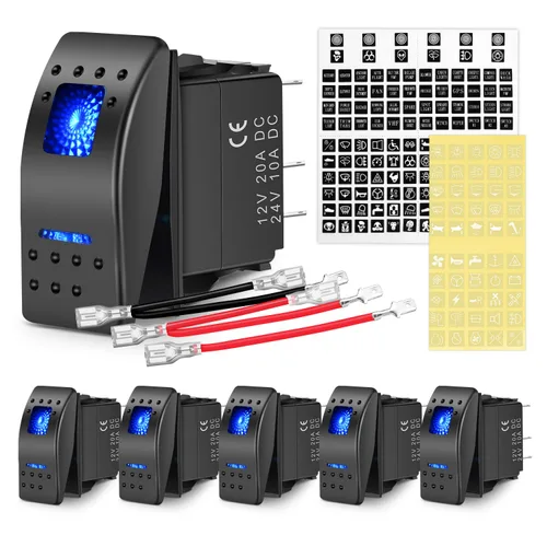 Miniatura 11 de Nilight - Interruptores basculantes de 6 unidades con calcomanías de brillo nocturno, 5 pines SPST, con retroiluminación roja de 12V/24V, para Rojo