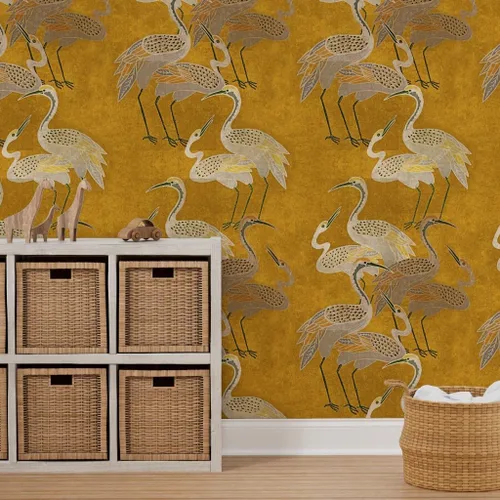 Miniatura 7 de Spoonflower Papel tapiz para despegar y pegar - Grúas Art Deco Golden Birds Gold Oriental Texture Silver Papel pintado extraíble personalizado