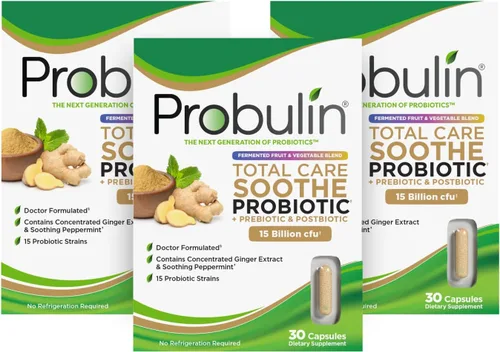 Miniatura 10 de Probulin Total Care Soothe Prebiótico, probiótico y postbiótico + jengibre y menta para calmar la digestión, 15 mil millones de UFC, 15 cepas, 30