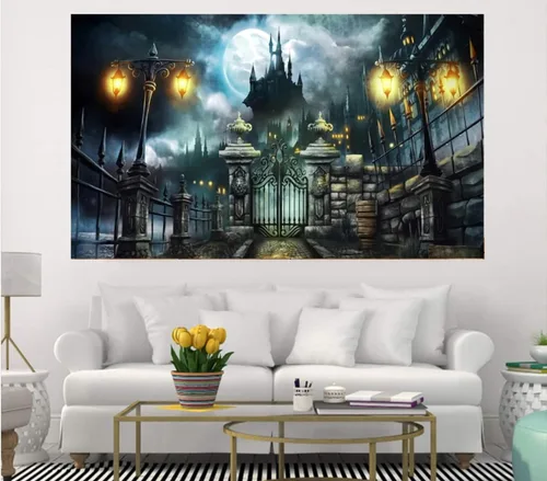 Miniatura 4 de Telón de fondo de Halloween, puerta del castillo, farol de luna, fondo de fotografía, póster de estudio de fotografía, póster de vinilo para fondo