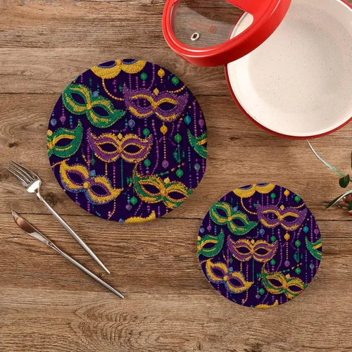Miniatura 2 de Boccsty Tapete de salvamanteles de carnaval de Mardi Gras con cuentas de colores, 2 unidades de tejido redondo, para mesa de cocina, protector