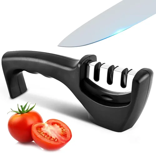 Elite - Afilador de cuchillos de cocina con 3 etapas, sistema de afilado manual profesional, piedra de cerámica, placas de carburo de tungsteno,