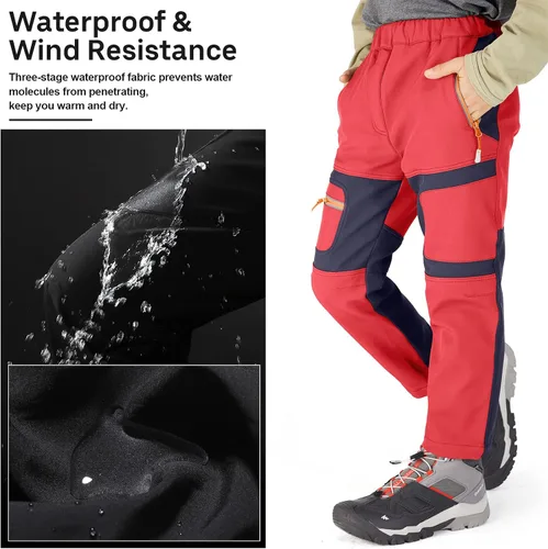 Miniatura 24 de linlon Pantalones impermeables para la nieve para niños y niños, forro polar lind para senderismo, softshell, cálidos, con aislamiento térmico