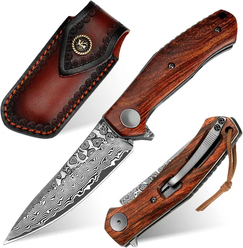 Miniatura 11 de Benkey - Navaja de bolsillo de acero de Damasco con funda de cuero con clip, cuchillo plegable con núcleo VG10 afilado, EDC con bloqueo