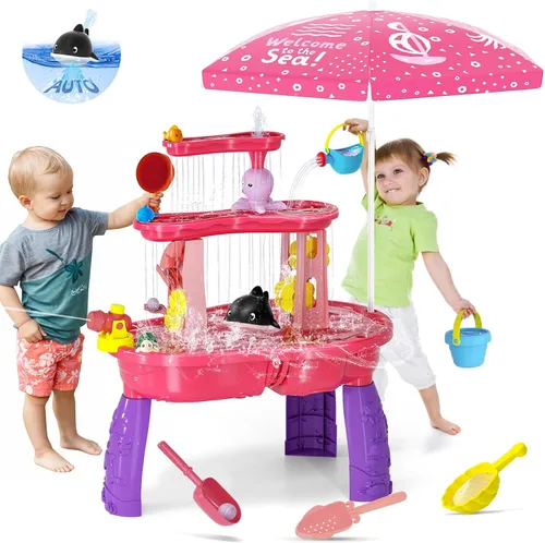 Juguetes de mesa de agua de arena 2026 para niños pequeños de 1-3, 3-5 años con paraguas, juguete de mesas de agua al aire libre para niños de 3 Rosa