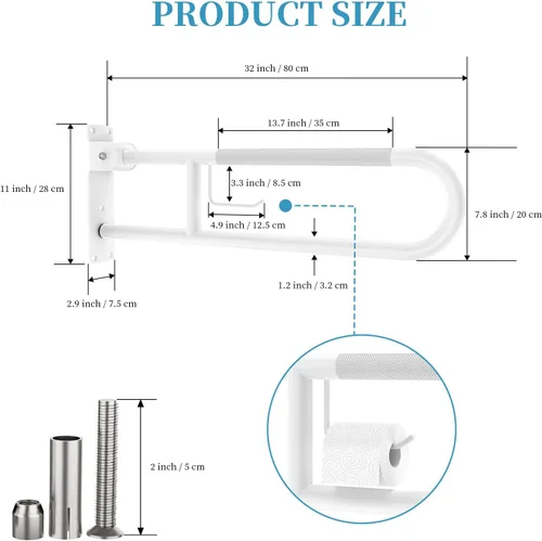 Miniatura 2 de Munzong - Barra de agarre para inodoro en forma de U de 32 pulgadas, riel de soporte antideslizante blanco, barra de agarre abatible para baño