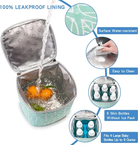 Miniatura 4 de Bolsa enfriadora de leche materna con bolsa de hielo para 4 biberones de hasta 9 onzas, bolsa para biberones para madres lactantes, color verde