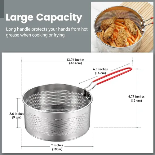 Miniatura 2 de Cesta para freír, cesta redonda de acero inoxidable con mango de silicona largo y extraíble resistente al calor para freír papas fritas, pollos
