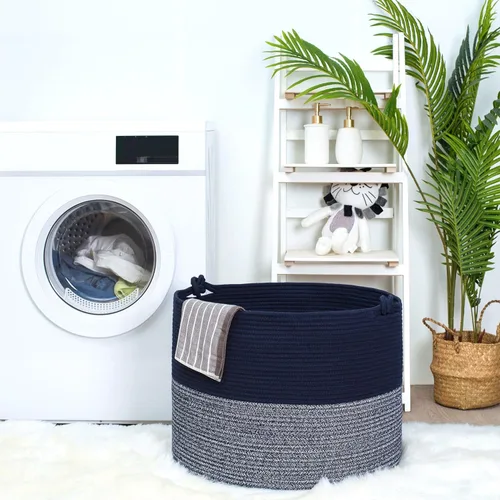 Miniatura 4 de MINTWOOD Design Cesta decorativa extragrande de 22 x 16 pulgadas de cuerda de algodón tejida para sala de estar con asas y cesta de lavandería
