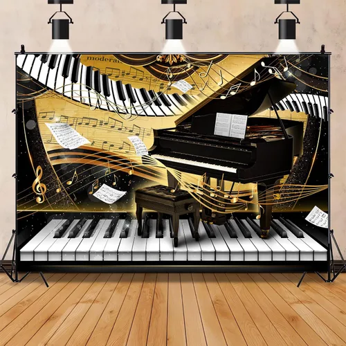 Miniatura 9 de Telón de fondo con tema de piano de 7 x 5 pies, notas musicales doradas, fondo de foto, tema musical, decoración de fiesta de cumpleaños, pancarta