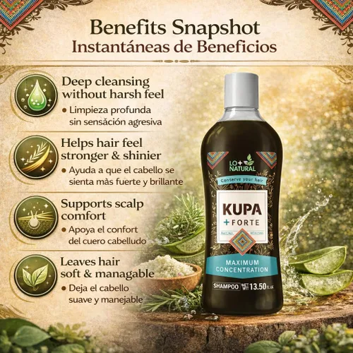 Miniatura 4 de Champú KUPA + FORTE con romero y aloe vera, 13.5 onzas líquidas, fórmula inspirada en huichol a base de hierbas, limpieza profunda y cuidado