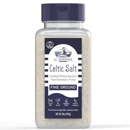 Le Marinier Sal Celta Orgánica Finamente Molida, 1 libra - 16 onzas, rica en minerales, 100% natural y sin refinar. Salero rellenable. Sal marina