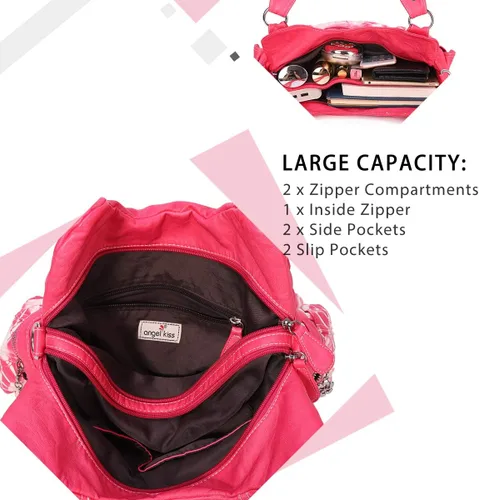 Miniatura 66 de Angel Barcelo - Bolsa de hombro amplia para mujer, diseño Hobo, cuero lavado