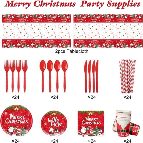 Miniatura 2 de 194 piezas de juego de vajilla para fiesta de Navidad con temática linda de Santa y muñeco de nieve, suministros para fiesta de Navidad, mantel