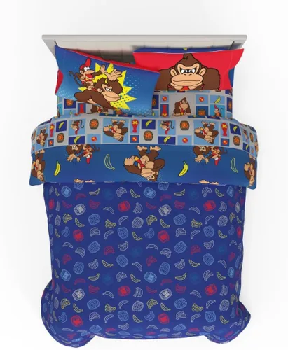 Miniatura 2 de Franco - Juego de ropa de cama coleccionable Nintendo Donkey Kong, 7 piezas, edredón reversible supersuave y juego de sábanas con funda, tamaño Rojo