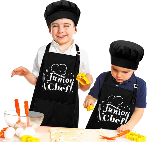 Miniatura 5 de MHJY Delantal infantil y sombrero de chef para niños, delantales ajustables con bolsillos para cocinar, hornear, pintar de 3 a 12 años Verde marino
