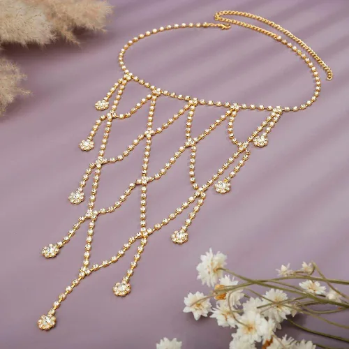 Miniatura 3 de Xerling Sujetador sexy de hombro con diamantes de imitación, cadena de cuerpo, flecos, flecos, joyería corporal, cadena de brazo de boda, verano