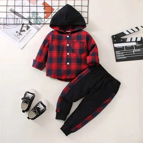 Miniatura 4 de Ropa para bebés y niños pequeños, conjuntos de otoño e invierno, con botones, camisa a cuadros con capucha y pantalones