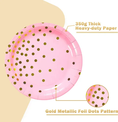 Miniatura 3 de Platos de papel de oro rosa, 100 unidades, platos de postre de puntos rosados y dorados, suministros de fiesta redondos desechables ideales para Oro