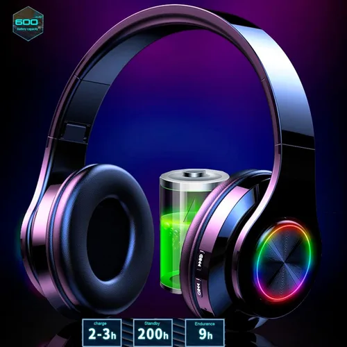 Miniatura 2 de Auriculares Bluetooth sobre la oreja, auriculares inalámbricos con reducción de ruido y micrófono/bajo profundo, auriculares LED plegables y ligeros