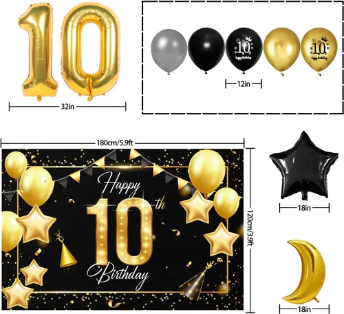 Miniatura 2 de Juego de globos dorados de feliz cumpleaños número 10 – Saludos a los 10 años de edad, guirnalda temática de fiesta con estrellas y luna, decoración