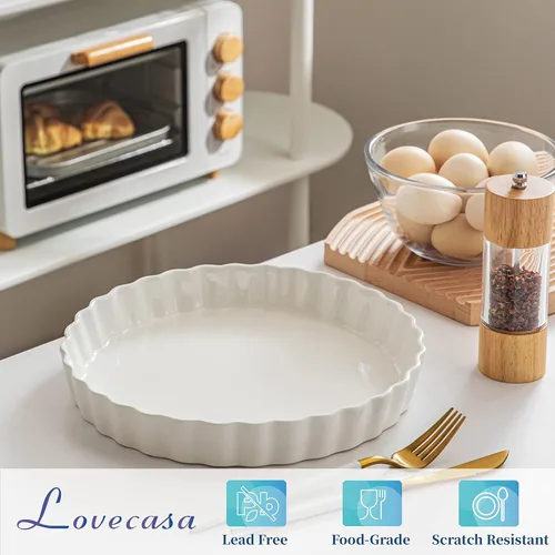 Miniatura 5 de LOVECASA Molde para hornear quiche de porcelana, molde para pastel reutilizable de 10 pulgadas, molde redondo antiadherente para pastel, molde