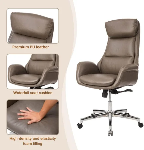 Miniatura 9 de Glitzhome Mid-Century - Silla de oficina giratoria ajustable de piel sintética con respaldo alto, silla de trabajo ajustable con soporte lumbar