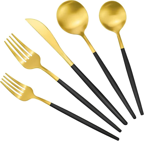 Miniatura 10 de Juego de cubiertos de acero inoxidable dorado mate para 4, vajilla de 20 piezas con cucharas y tenedores, apto para lavavajillas
