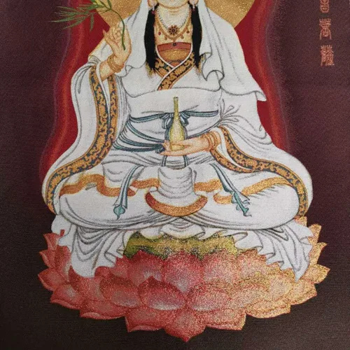Miniatura 3 de China Budismo paño de seda Avalokiteshvara Guangyin Kwan-yin Thangka Mural colgante de pared para decoración casera tapiz meditación