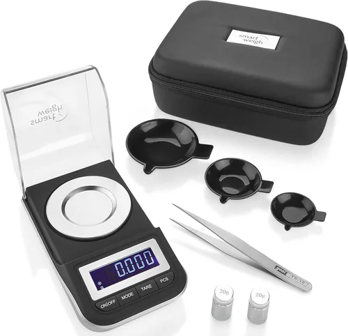 Smart Weigh Báscula premium digital de alta precisión con estuche, pinzas, pesas calibradoras y tres contenedores para pesar, 50 x 0.001 g