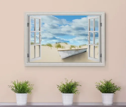 Miniatura 3 de Renditions Gallery Lienzo decorativo para pared, vista de barco viejo atracado en la playa de arena blanca, obra de arte para colgar en la pared