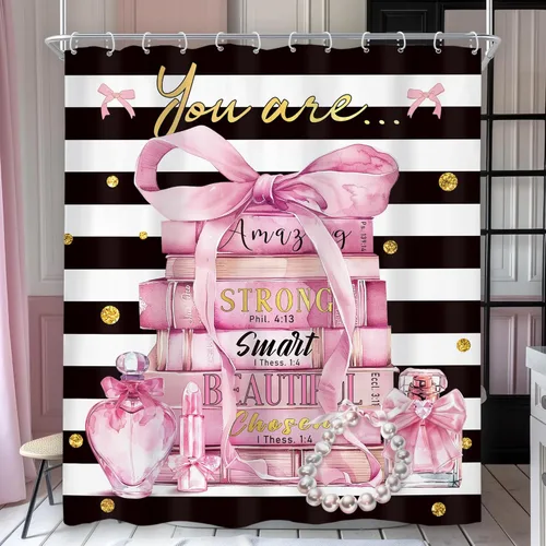 Miniatura 10 de Riyidecor Cortina de ducha de moda pequeña de 36 pulgadas de ancho x 72 pulgadas de alto, rayas blancas y negras, rosa, moderno, libro de revistas