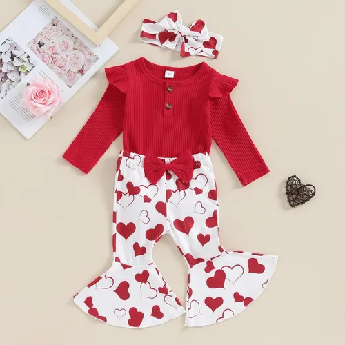 Miniatura 71 de Kuriozud Conjunto de mameluco con volantes para bebé recién nacida, con volantes, lindo conjunto de pantalones acampanados con diadema
