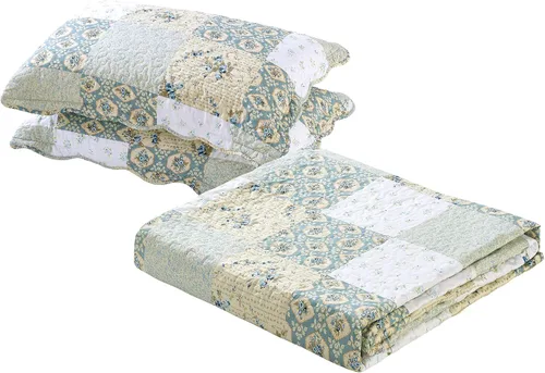 Miniatura 3 de All American Collection - Juego nuevo de colcha reversible de 3 piezas con diseño floral estampado, azul/verde. Incluye cortinas a juego disponibles