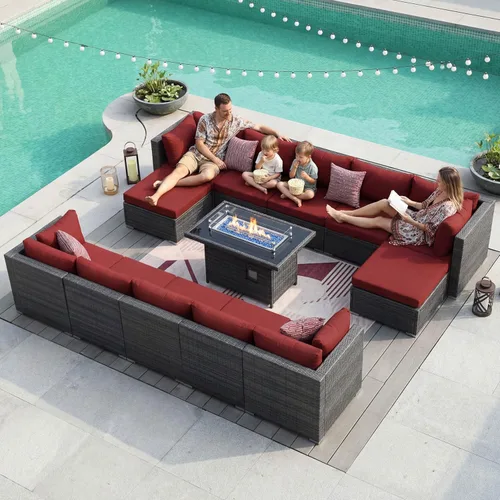 Miniatura 61 de NICESOUL Juego de muebles de patio para exteriores de 7 piezas con mesa para hoguera, gas natural y propano convertible, respaldo alto de 29.3