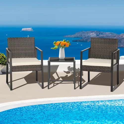 Miniatura 3 de Tangkula Juego de muebles de patio de 3 piezas, moderno y resistente para todo tipo de clima, sillas de mimbre y mesa auxiliar, adecuado para porche