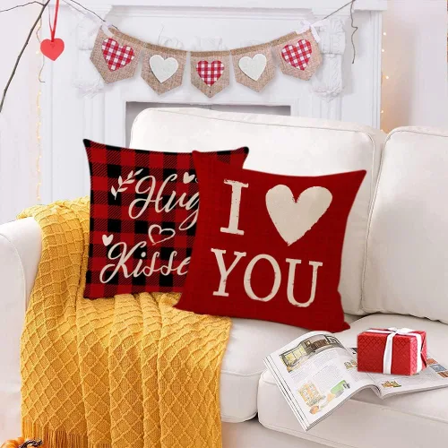 Miniatura 3 de Juego de 4 fundas de almohada de 16 x 16 pulgadas, diseño de corazón rojo con diseño de corazón de amor, fundas de almohada de aniversario de boda