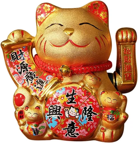 Gato de la suerte dorado de 7 pulgadas con brazo dorado agitado operado por Feng Shui Deoration Lucky Fortune Cat para tiendas, restaurantes, sala