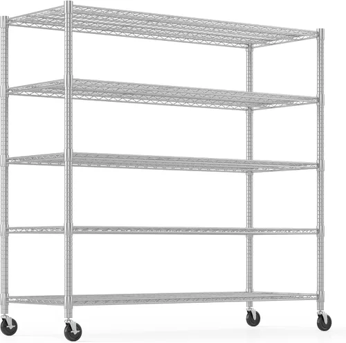 Miniatura 9 de Himimi Estantería de almacenamiento de alambre de acero resistente de 4 niveles, estantes de almacenamiento de metal ajustables con ruedas, estante