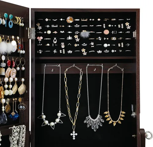 Miniatura 7 de SONGMICS - Armario gabinete de joyería con espejo espejo grande de pie de cuerpo completo organizador de joyas con cerradura color marrón UJJC69BR