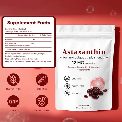 Miniatura 3 de Astaxantina 12 mg, suplementos antioxidantes de astaxantina premium, apoya los ojos, la piel, el sistema inmunológico, las articulaciones