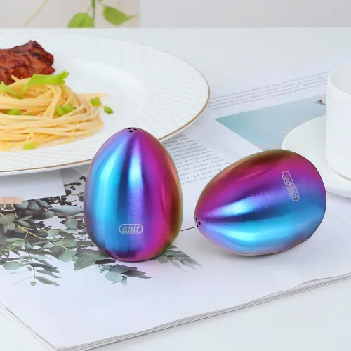 Miniatura 2 de Rainbow - Juego de salero y pimentero en forma de huevo de acero inoxidable, dispensador de sal y pimienta, 2 saleros para cocina (arcoíris)