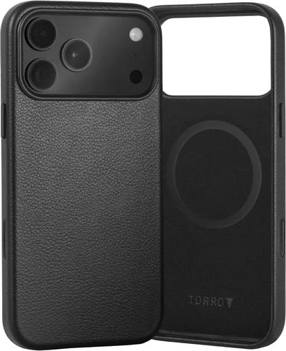 Funda de cuero premium TORRO Compatible con iPhone 17 Pro 6.3” 2025 – Cuero genuino MagSafe Compatible, Funda de parachoques ultra delgada (Negro)