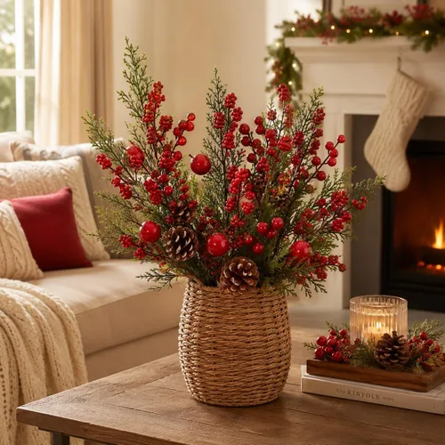 Miniatura 4 de BANBERRY DESIGNS Púas de Navidad – Plantación de piña con punta de nieve – racimos de bayas rojas y manzanas – Decoración – Artesanía – 9 piezas