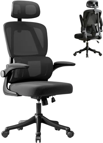 Miniatura 9 de Silla de oficina ergonómica, silla de escritorio de malla blanca y negra con soporte lumbar ajustable y reposacabezas, ruedas giratorias de 360°