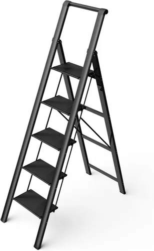 Miniatura 4 de E-riding Escalera de 5 peldaños, taburete plegable, escalera portátil plegable de hierro negro para techo de 10 pies de altura con pedal ancho